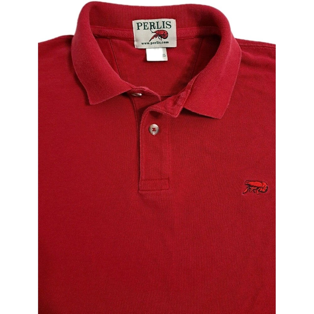 Perlis Polo Shirt Mens Medium Red Crawfish Logo 100% Peruvian Cotton Pique Knit
